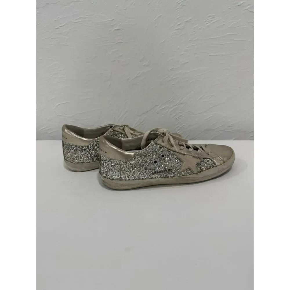 Golden Goose Silver Glitter Suede Superstar Lace Up Sneakers Size 42